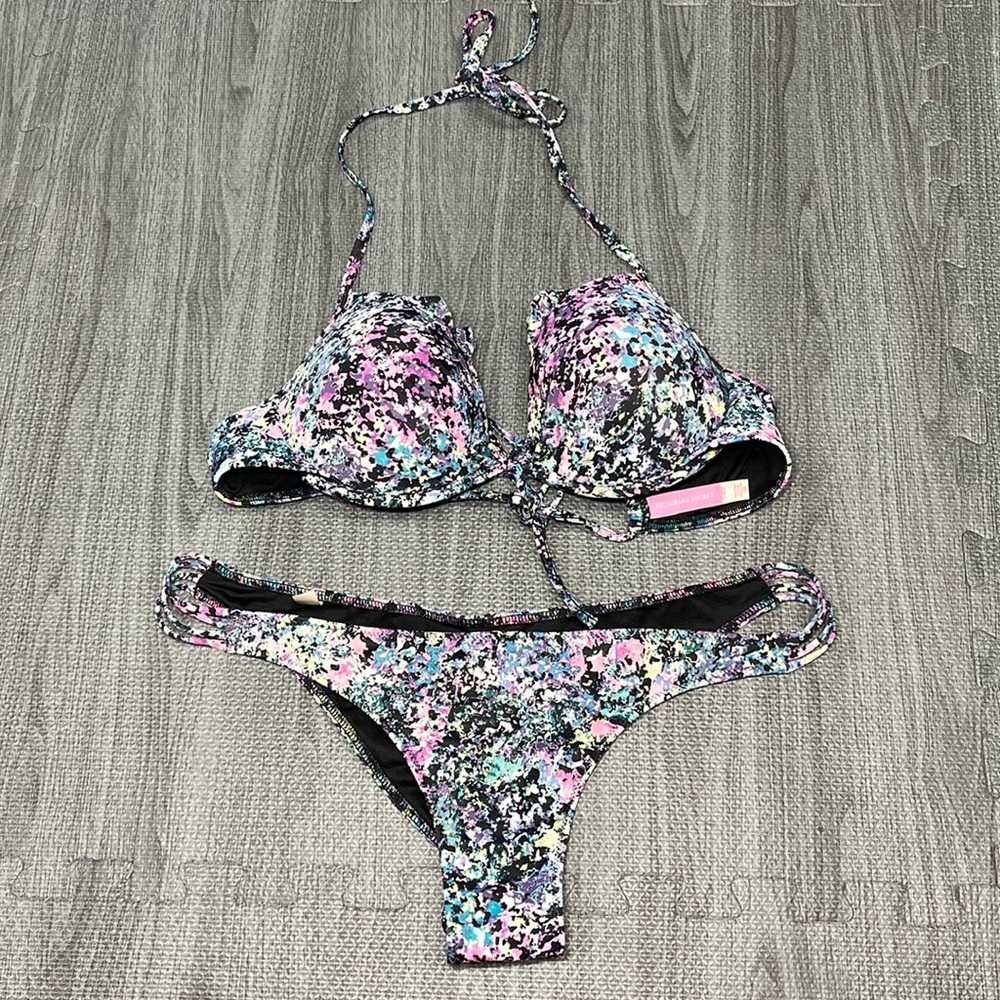 Victoria’s Secret Black & Multicolor Print Bikini, Bra top & Itsy Bottom - 36B/M
